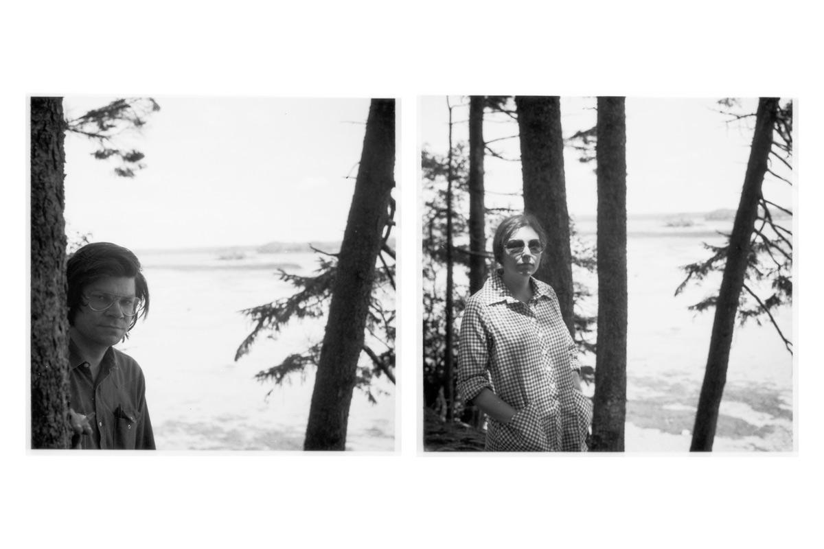 two polaroid portraits of people standing looking at the camera with trees and ocean behind them
