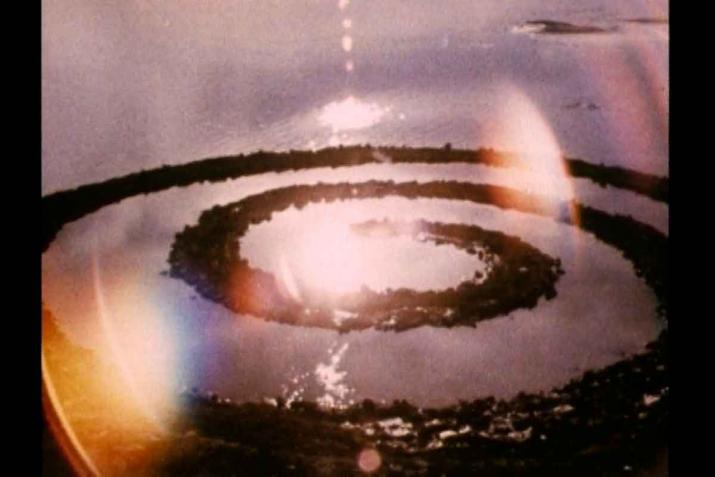 A still from the film Spiral Jetty shot from a helicopter. 