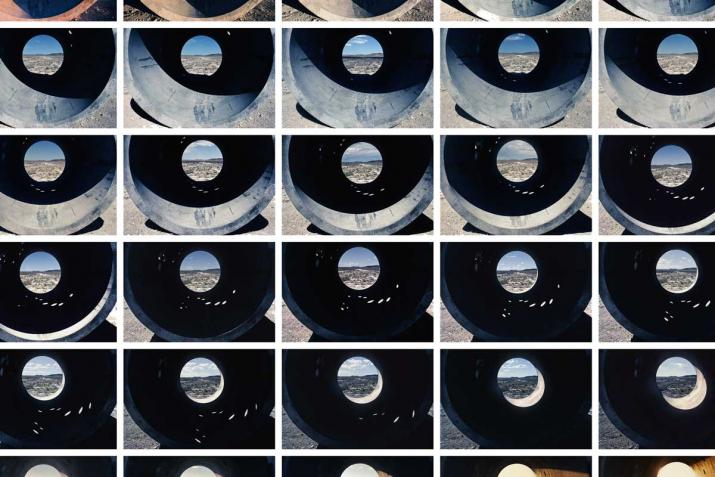 a grid of images of circular concrete tunnels with a circular opening in the center
