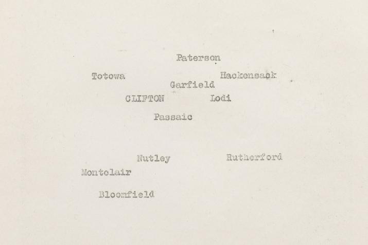 typewritten names of towns positioned on a yellowing sheet of typewriter paper