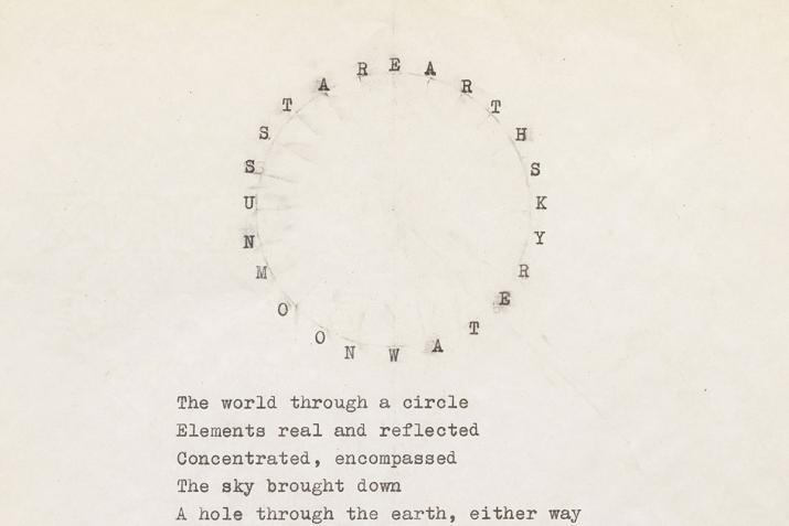 typewritten words in a large circle above a paragraph of words on yellowing paper 