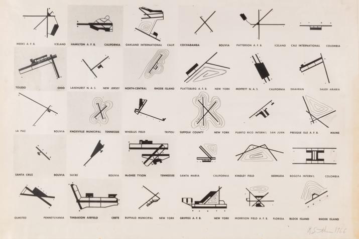 black and white diagrammatic aerial illustrations of various airports with graphite notations