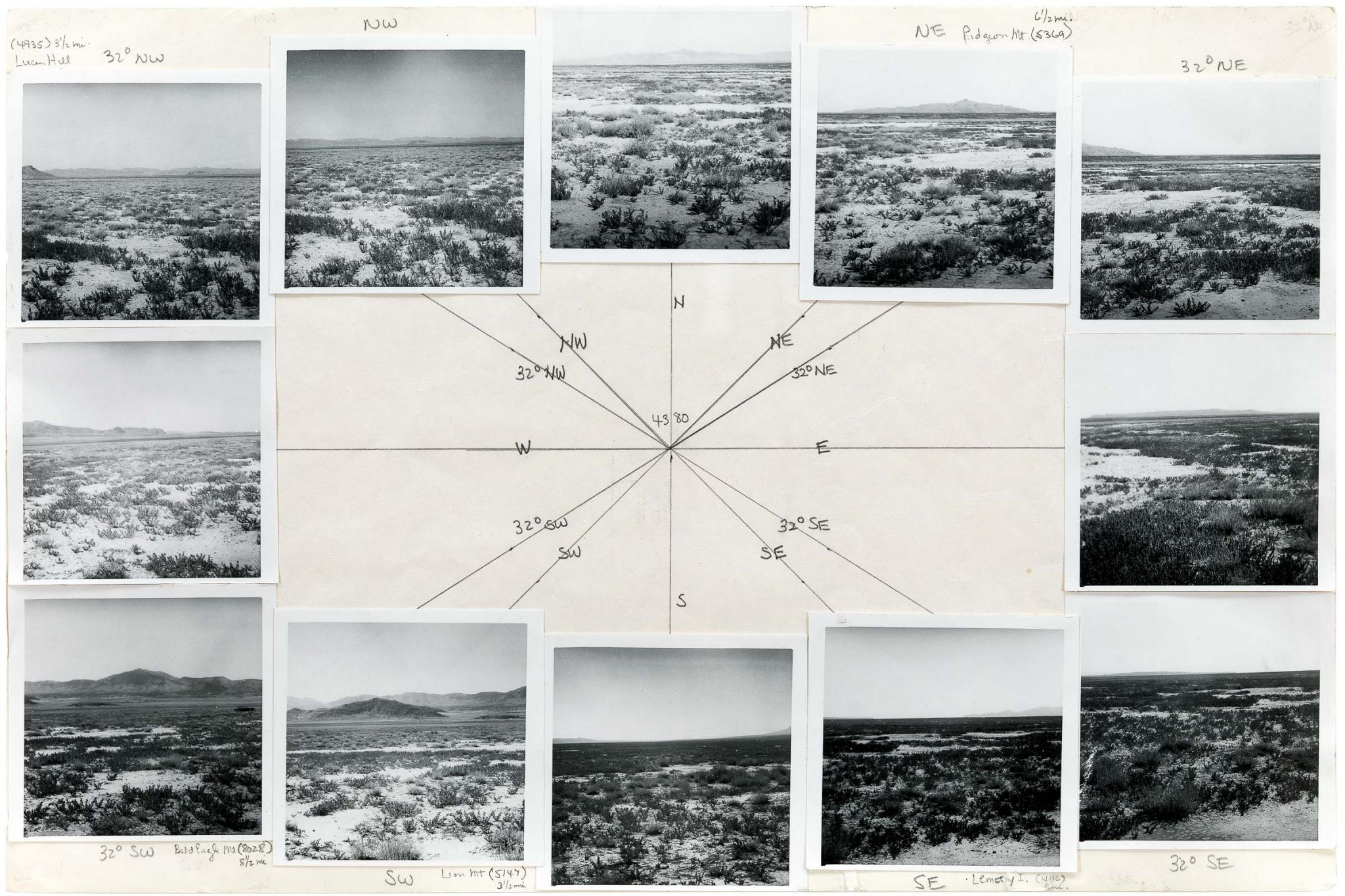 A preparatory on paper work for Sun Tunnels using graphite and twelve black and white photographs  showing the landscape panorama surrounding the Sun Tunnels site.