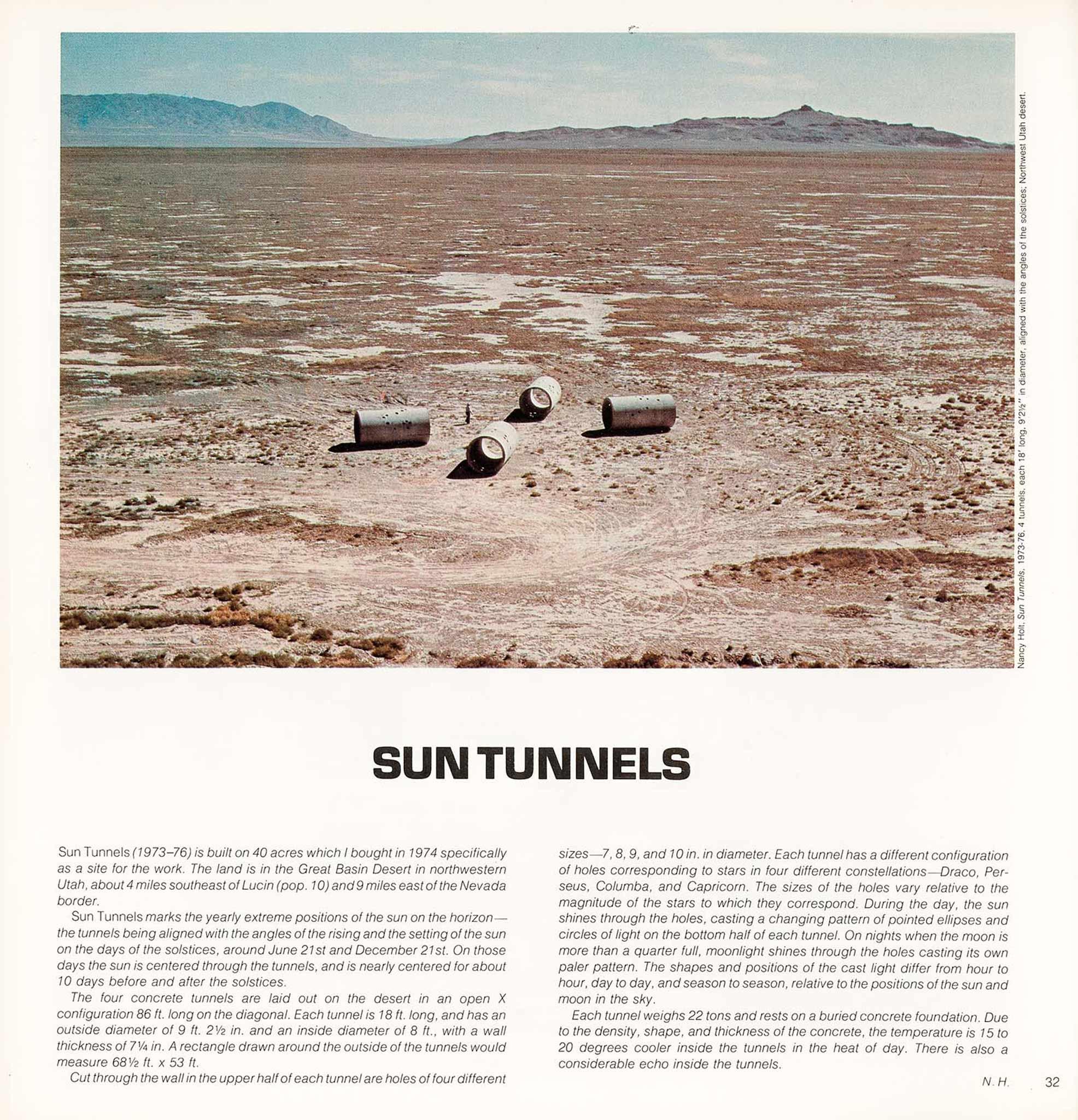 Magazine layout with image on top with text underneath. aerial image of the desert with mountains in the background.  In the center of the image are four concrete tunnels aligned in an X shape. 