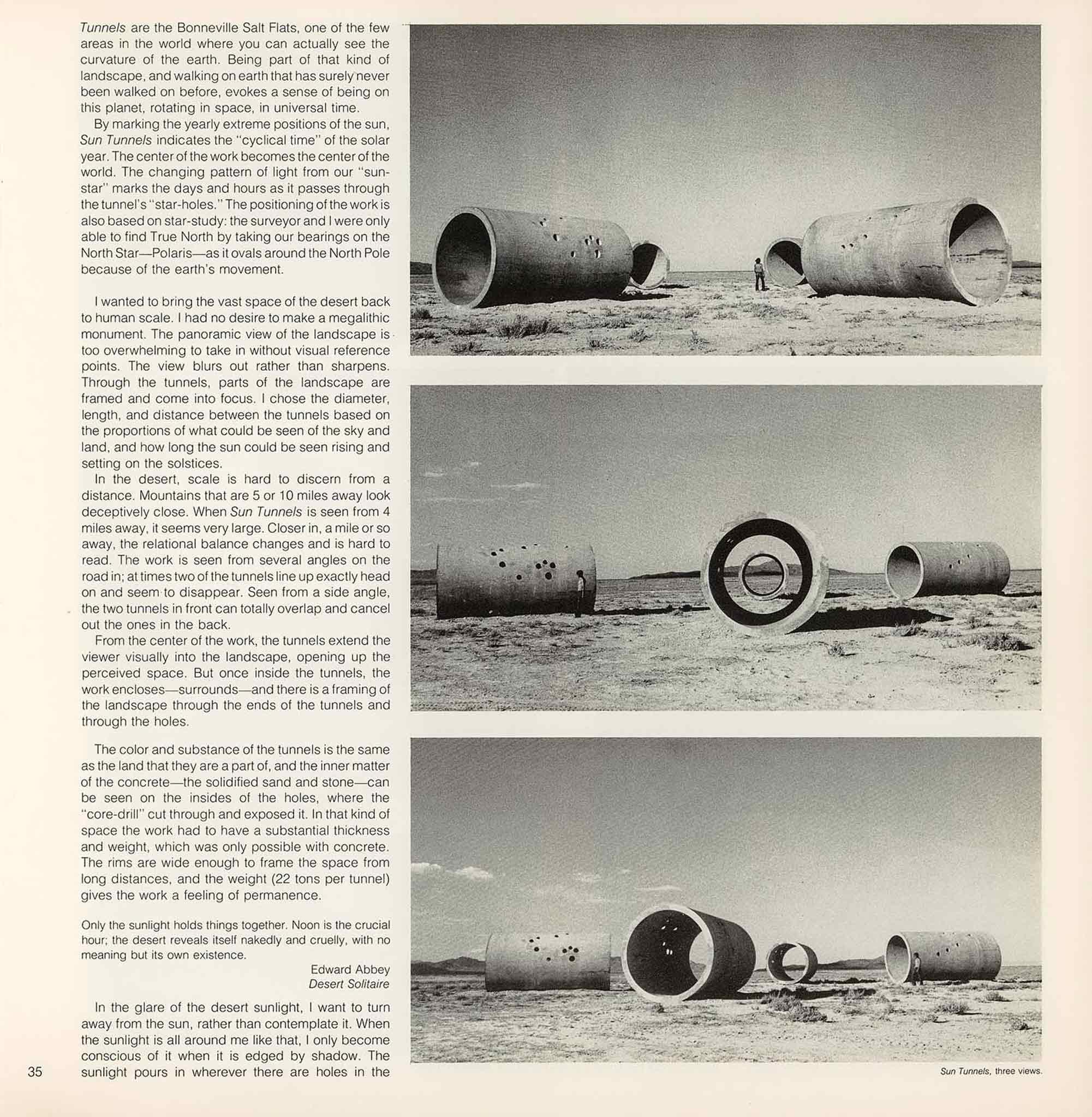 magazine layout with text on left and three images stacked vertically on the right.  Images are of a circular concrete tunnels in the distance with a figure to show their large scale of 9ft in height.