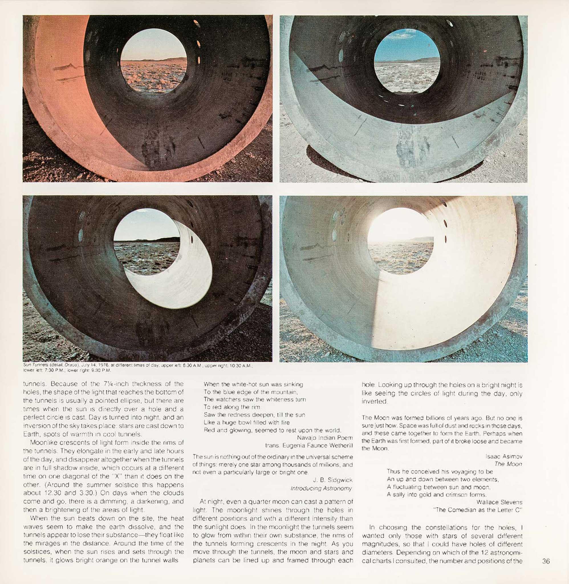 Magazine layout with four images in a grid on the top and text on the bottom. Images show changing light throughout the day inside large circular concrete tunnels.