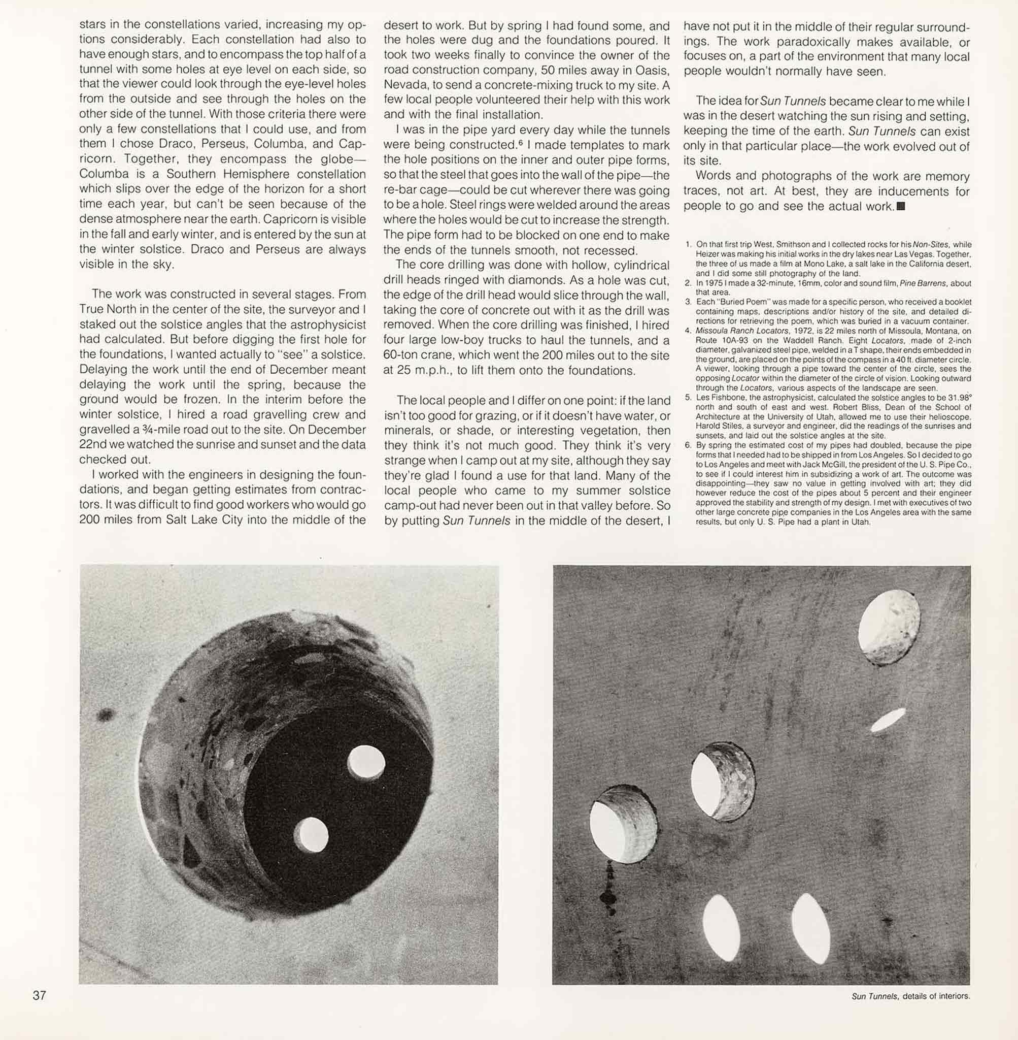 Magazine layout with text at the top and two images side by side at the bottom.  Images are details of circular holes bored through concrete.