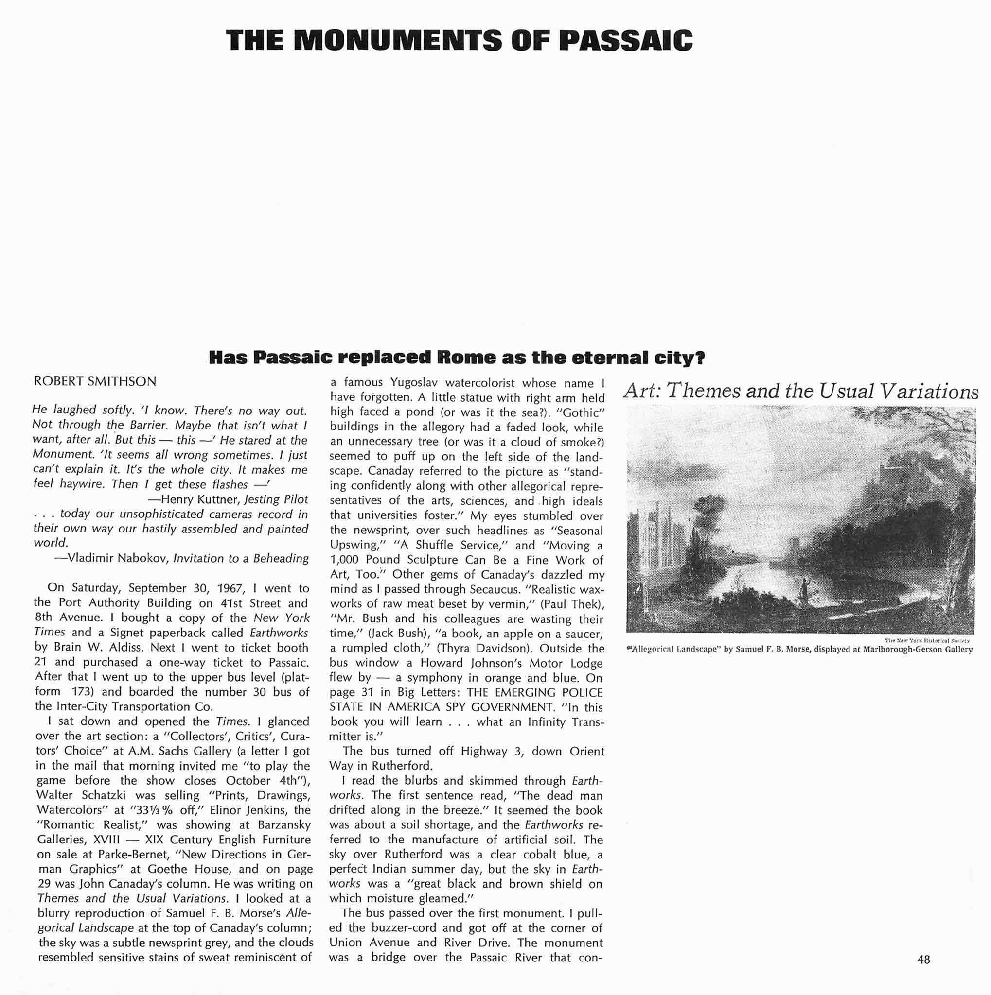 Magazine layout with title of article "Monuments of Passaic" on top.  Text in lower left and black and white image of an etching on right side.