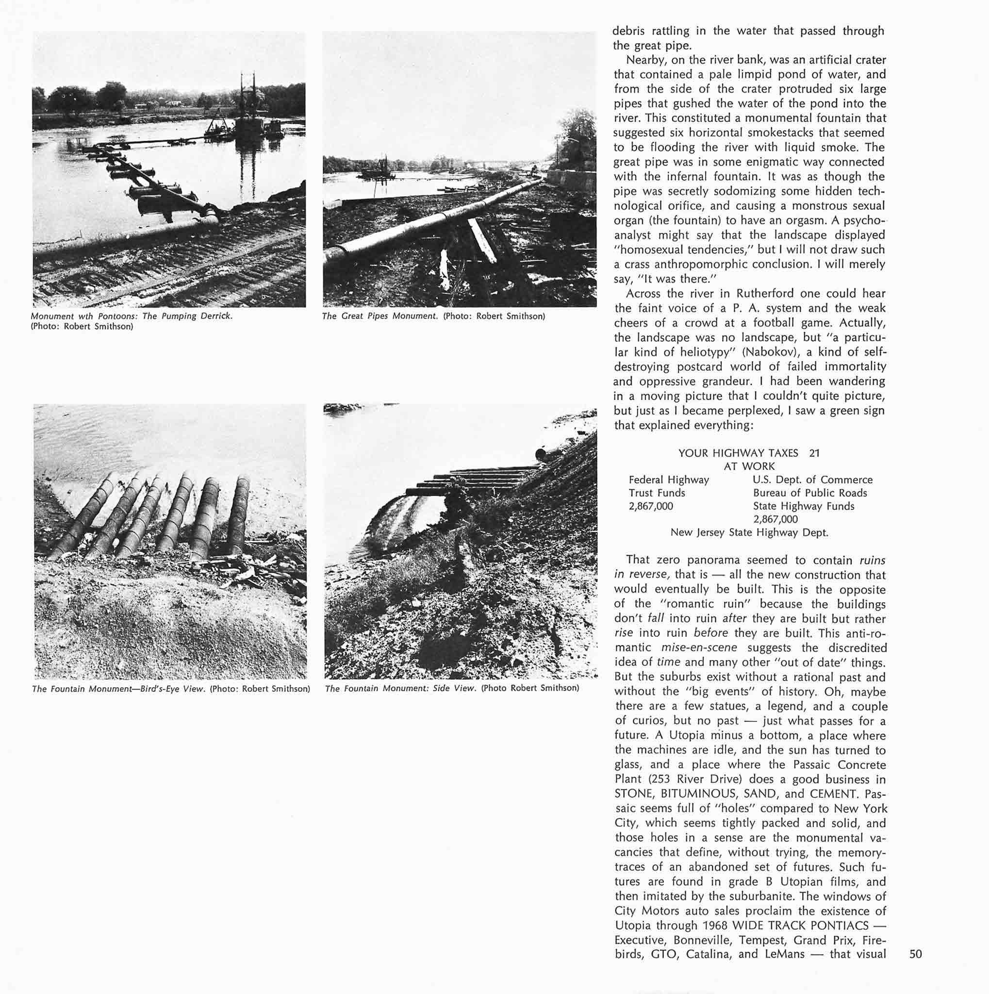 Magazine layout with four black and white images of industrial monuments in New Jersey in a grid on the left and a column of text on the left.