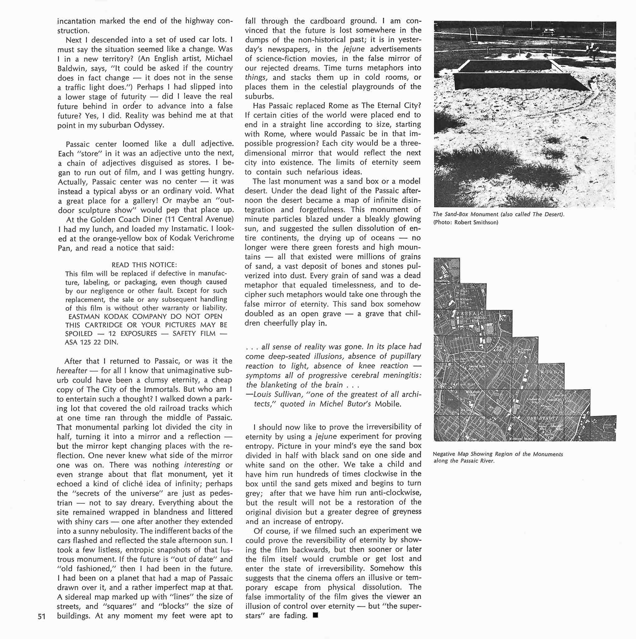Magazine layout with two columns of text on the left and two black and white images stacked vertically on the right. Top image is of a sandbox and the bottom image is a map cut out in a step pyramid shape.