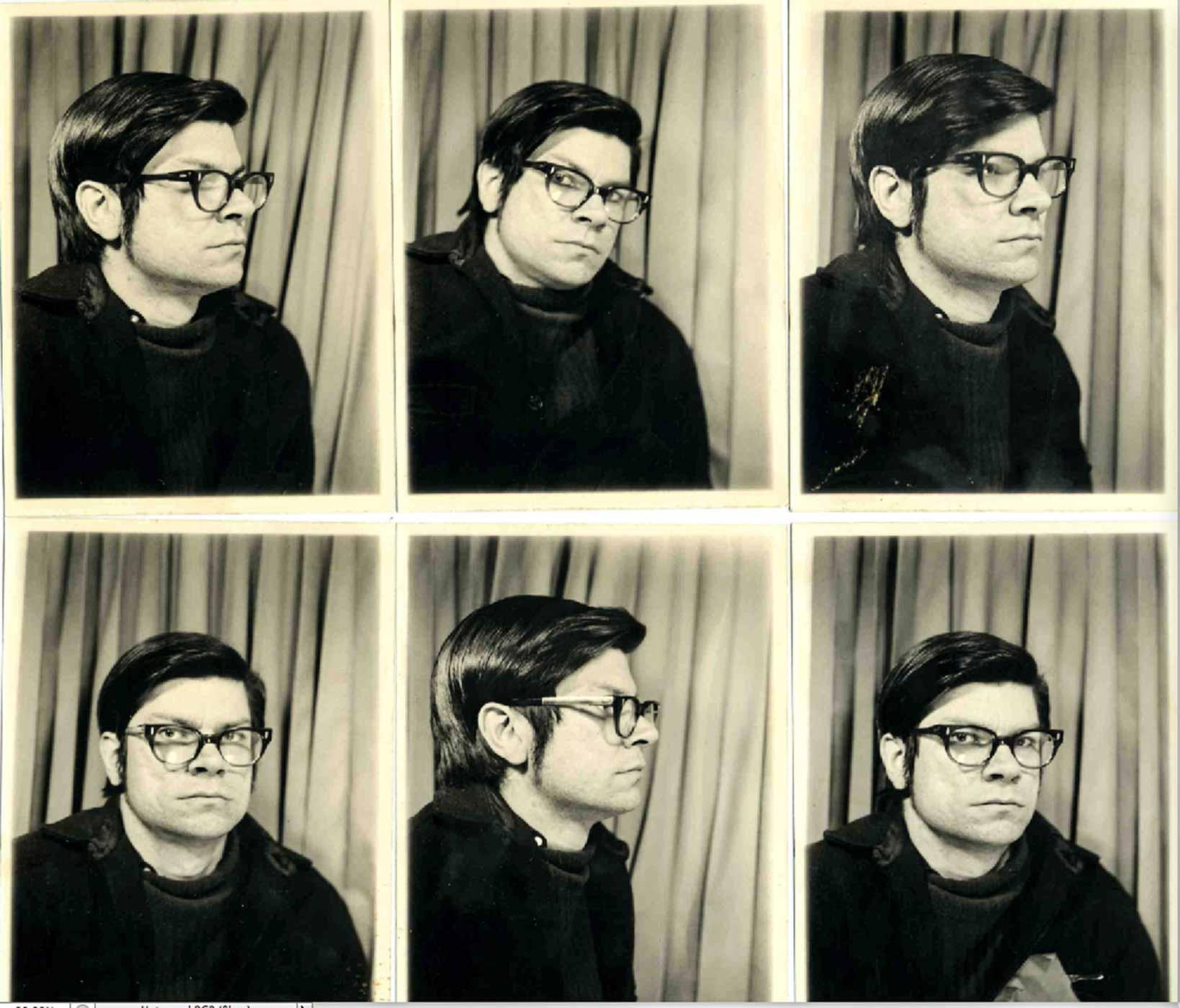 Six photo booth photos of Robert Smithson, 1968.