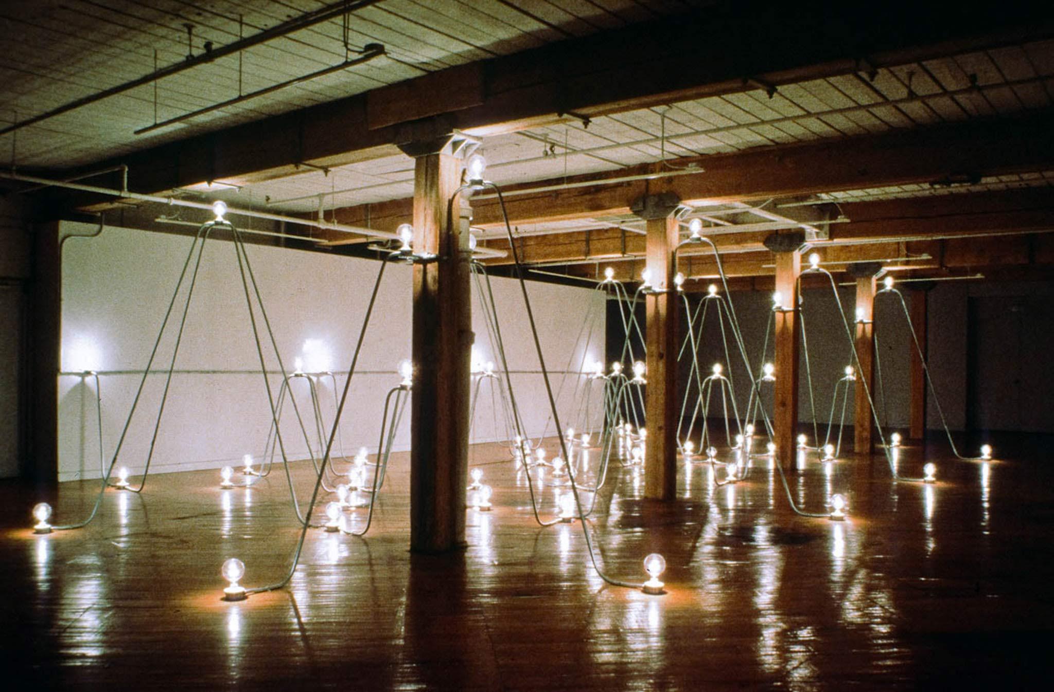 Room with no windows lit with numerous lightbulbs that are connected via an arching rhythmic armature of steel conduit.