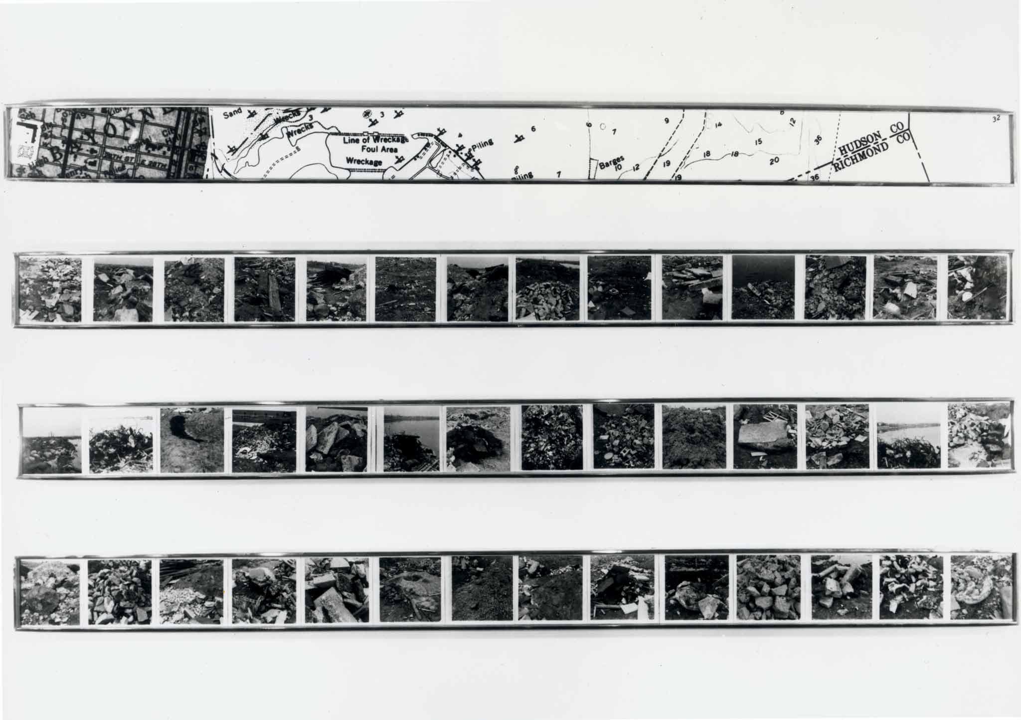 black and white image of four framed horizontal images.  The top frame contains a map and the bottom three contain multiple photographs