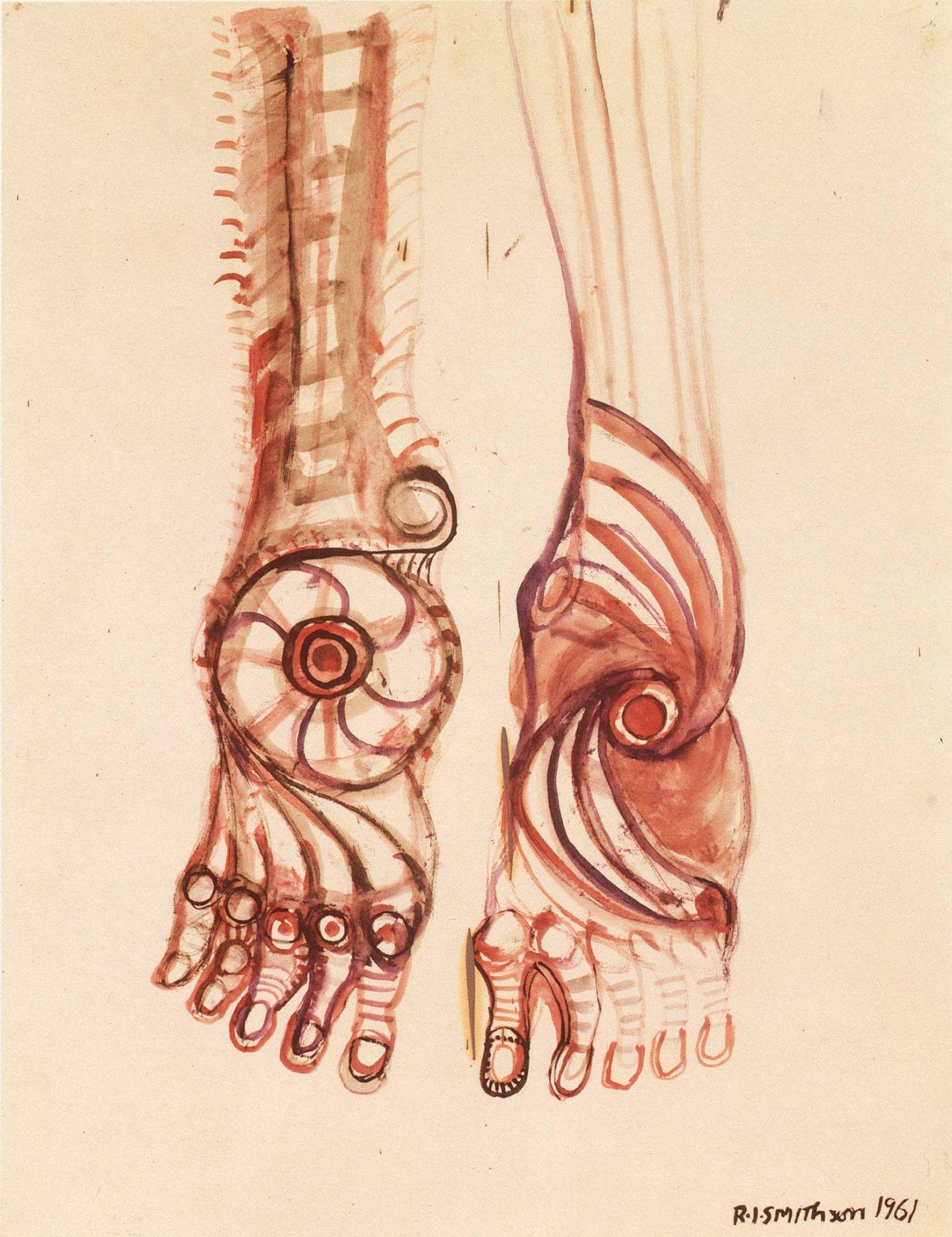 a drawing in red ink of a top down view of two feet with spiraling lines emanating from the ankle area on both feet.