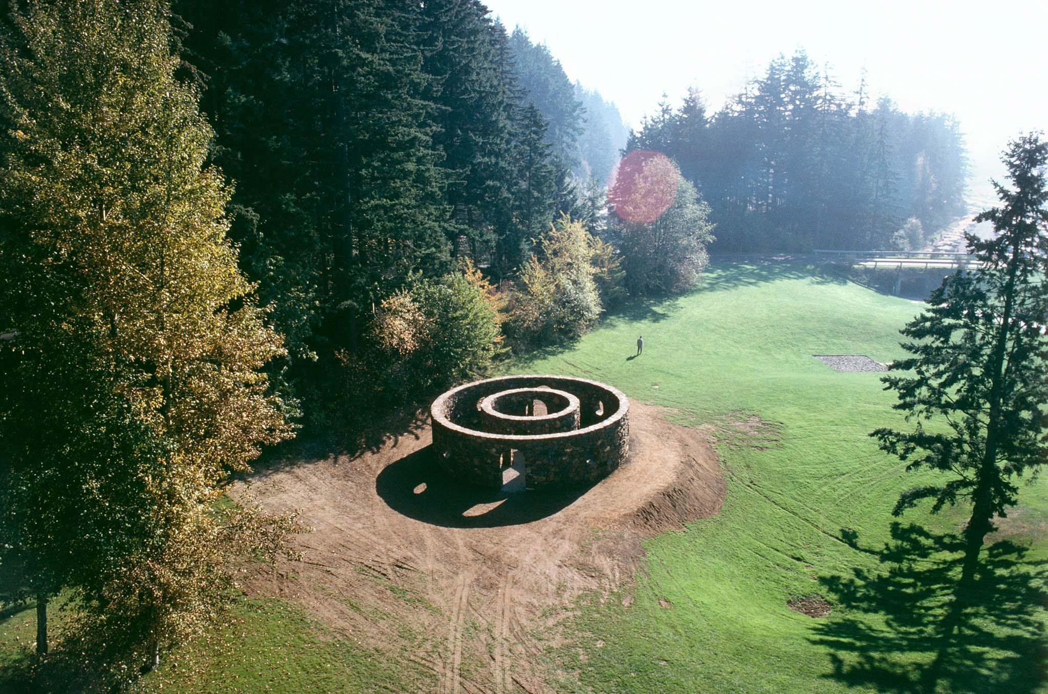 An aerial view of two concentric circular stone walls with the forest surrounding on the left and grass on the right.
