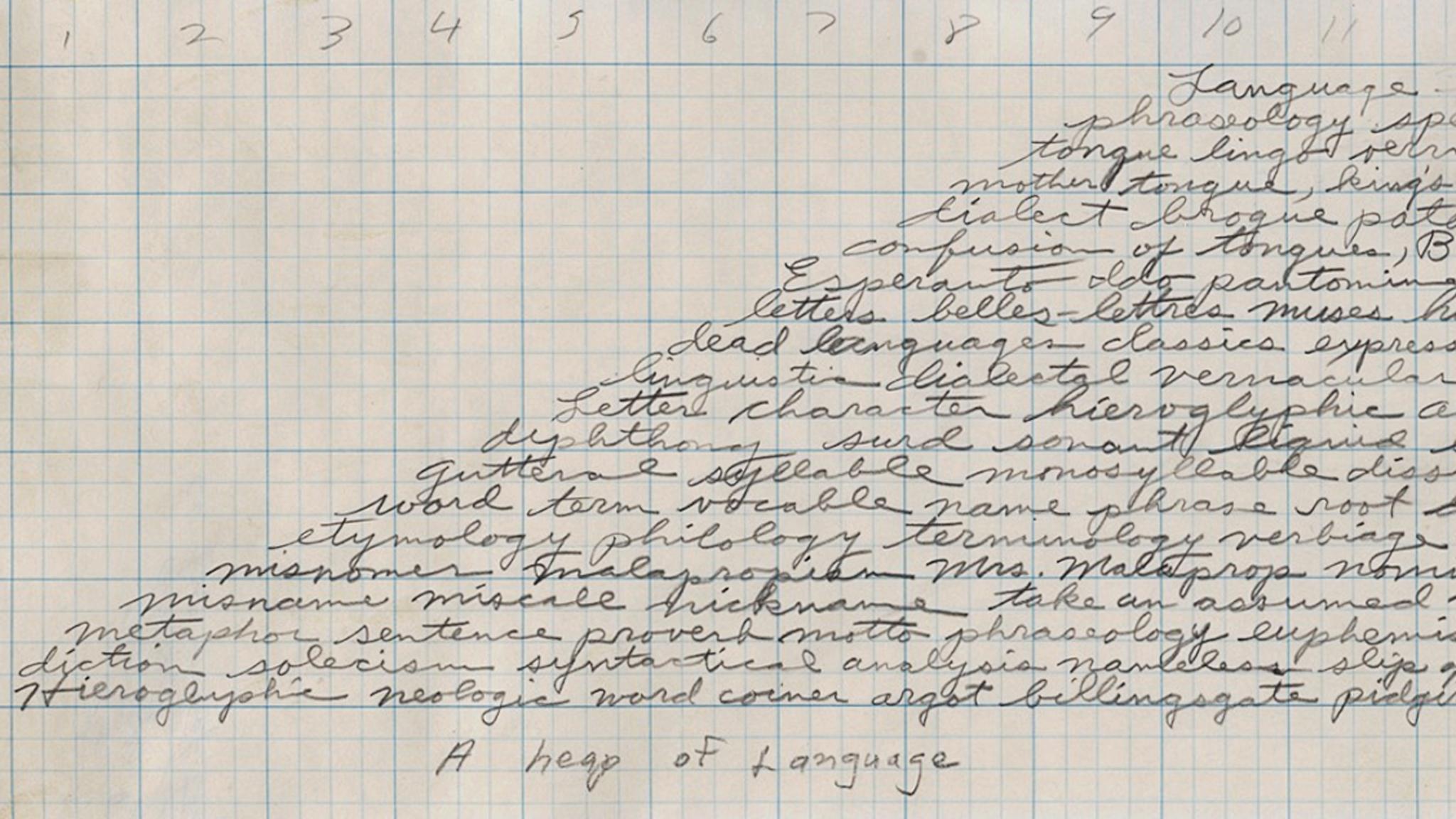 handwritten cursive words in a pyramidal shape with the title "a heap of language" written at the bottom