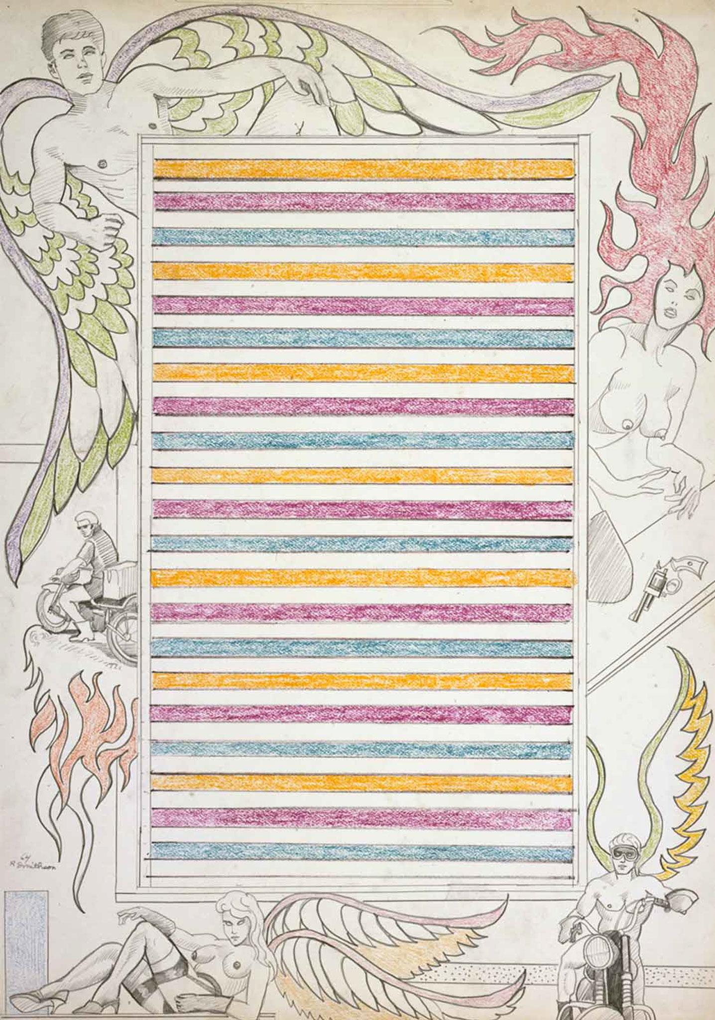 a center rectangle with horizontal stripes of bright color with angels and demons, mostly nude and some  riding motorcycles, along the sides of the drawing