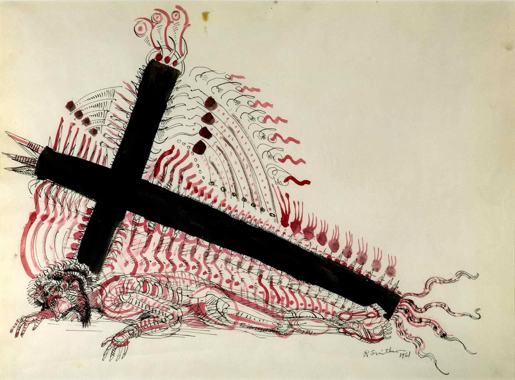 a drawing of a large black cross with geometric patterns emerging from it and Christ trapped under the cross