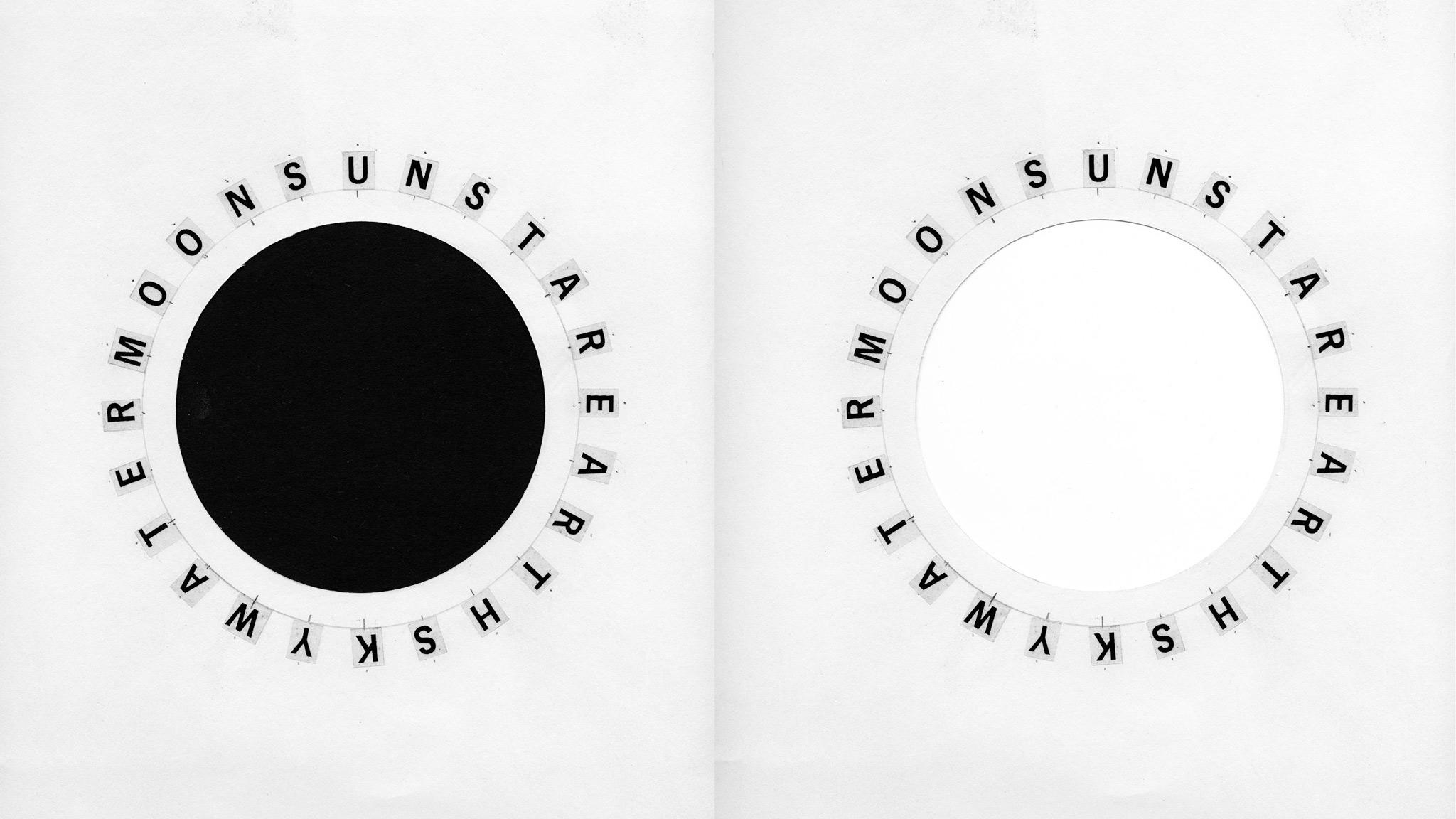 One black circle on the left and one white circle on the right. Each are surrounded by radiating text saying: "MoonSunStarEarthSkyWater"
