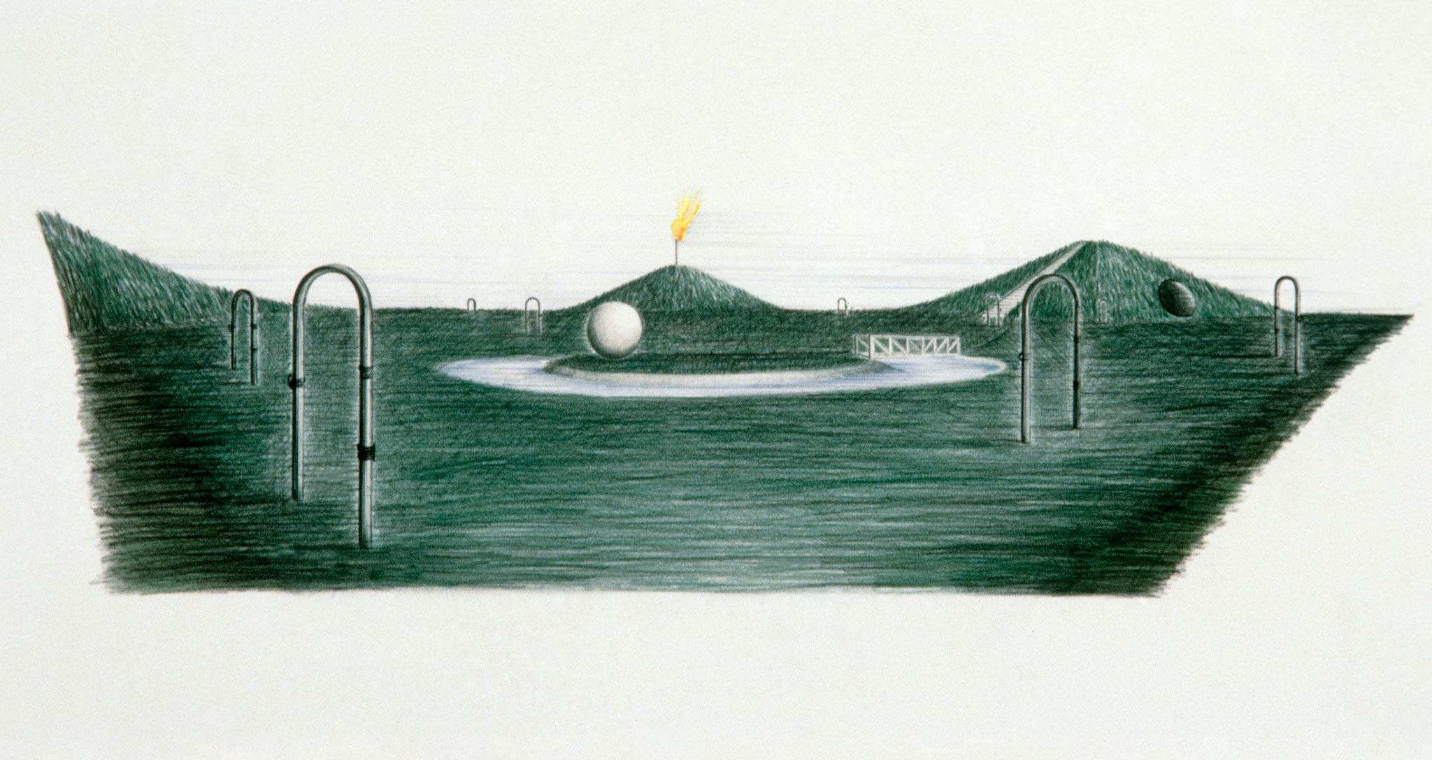 a colored pencil drawing showing a site plan for skymound with paths, a pond, methane flames, and greenery.