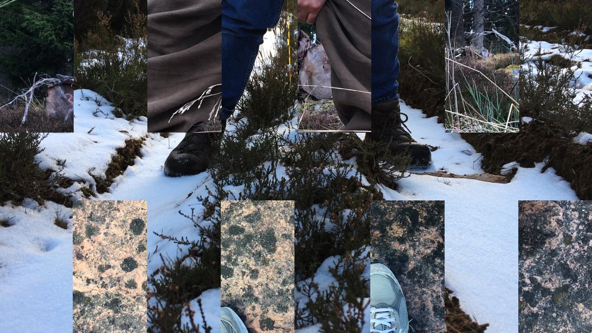 a digital collage with two images stitched together in a rectilinear pattern. One image is of boots on snow and the other of sneakers on rock 