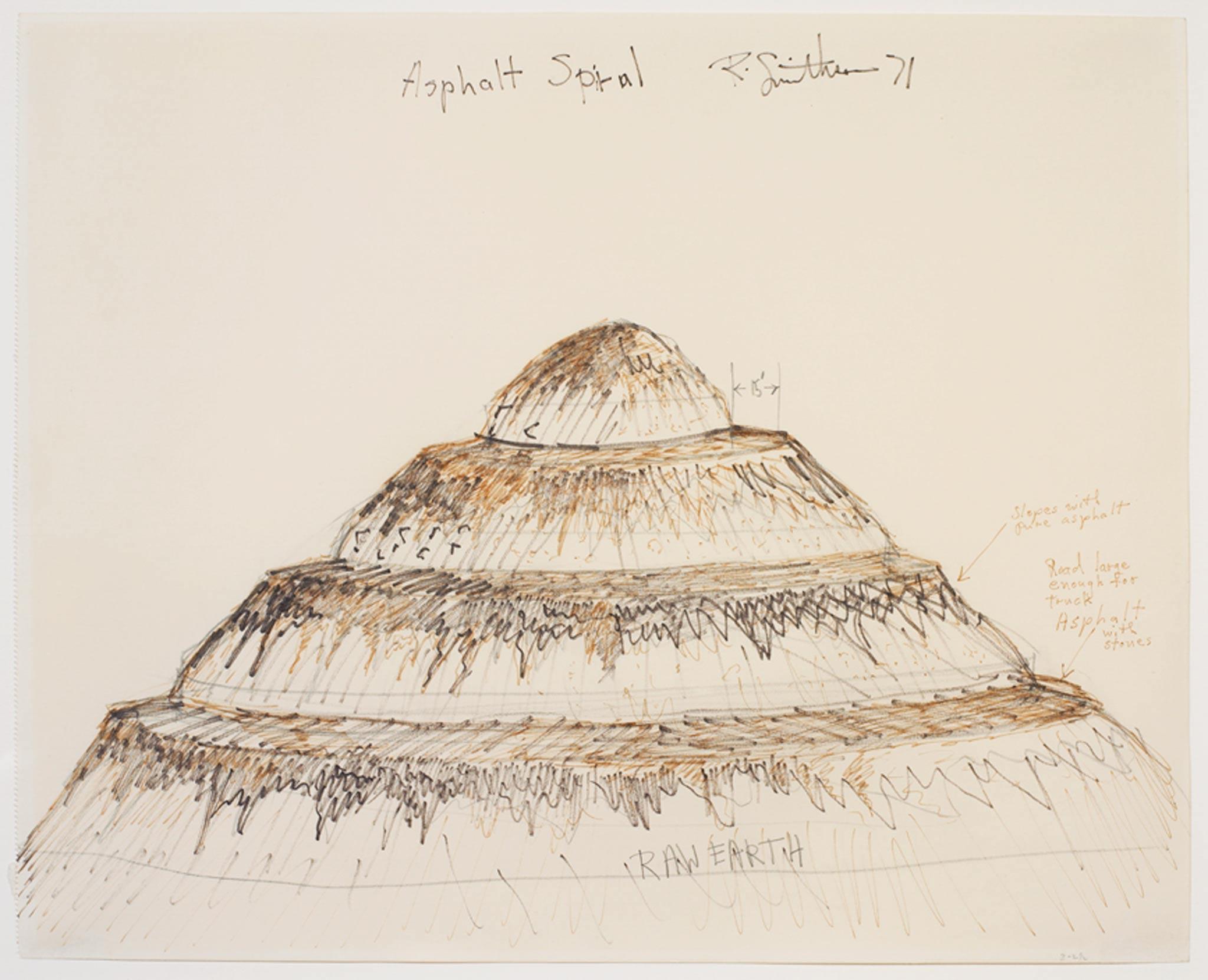 a drawing of a spiraling hill with asphalt on the pathways circling the hill. Handwritten notations