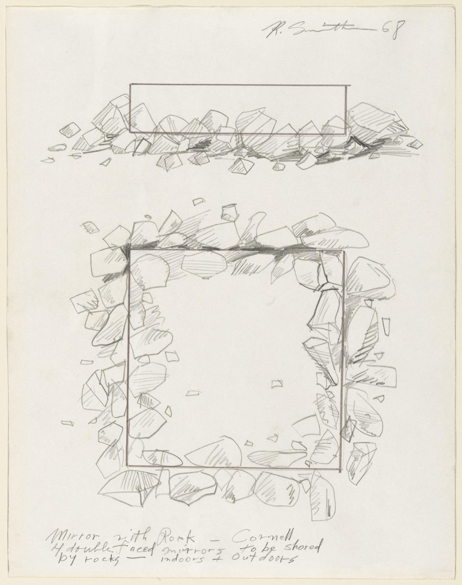 graphite drawing with a cross section drawing and top down view of a sculpture made using mirrors and rocks