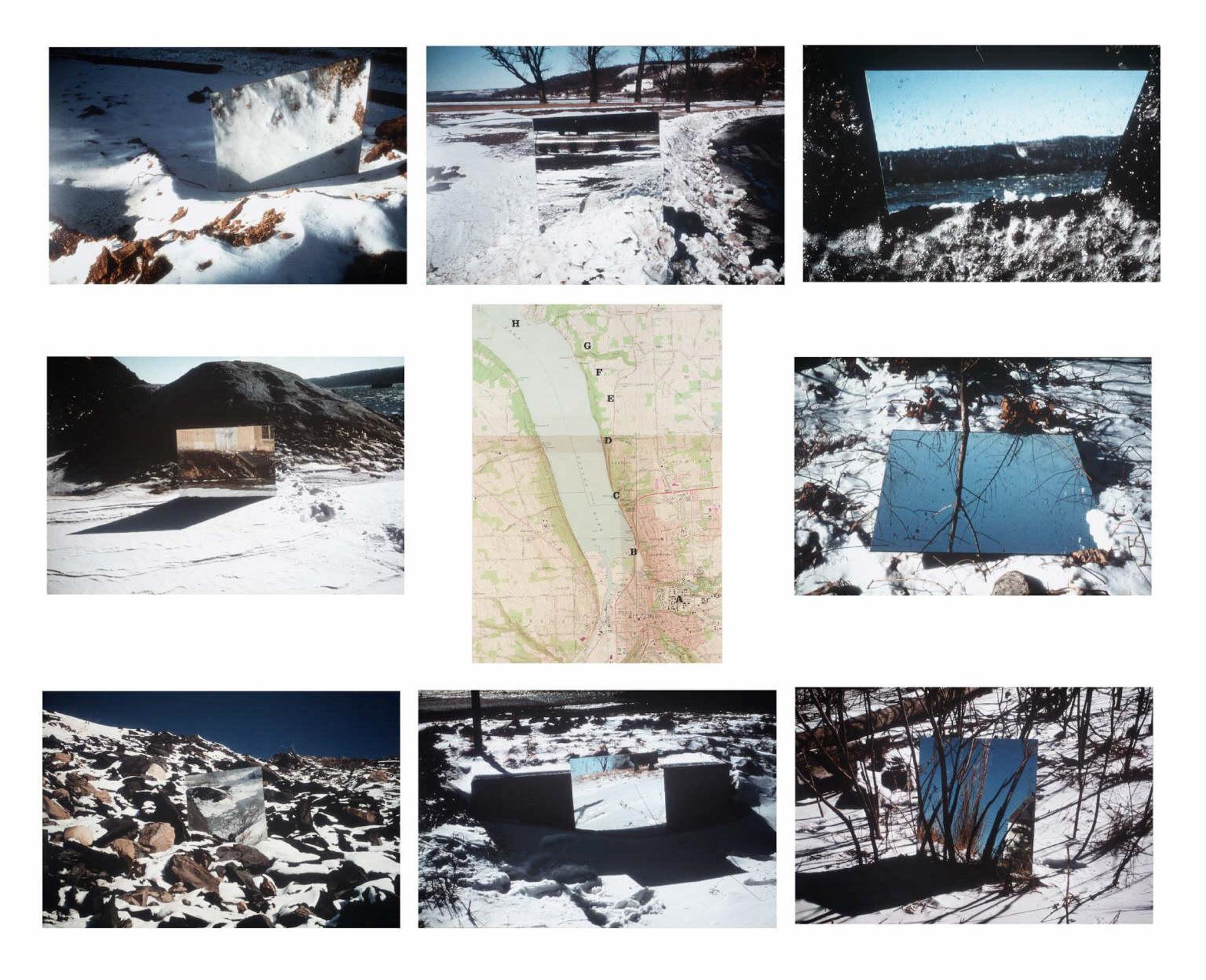 a grid of nine images: eight color images of mirrors in the landscape surround a map in the center of the grid
