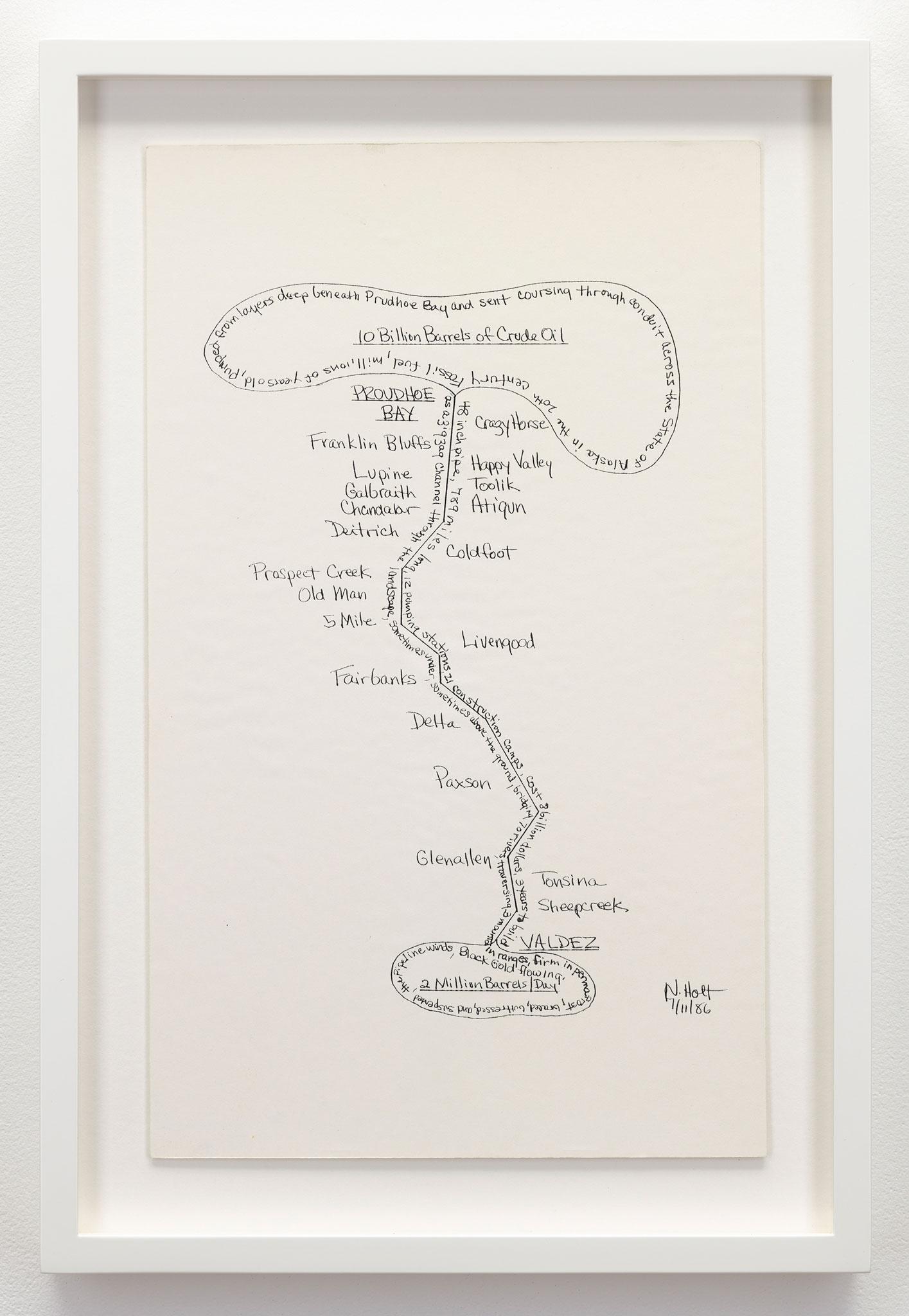 framed drawing on paper depicting the layout of an oil pipeline in Alaska with handwritten words along the path