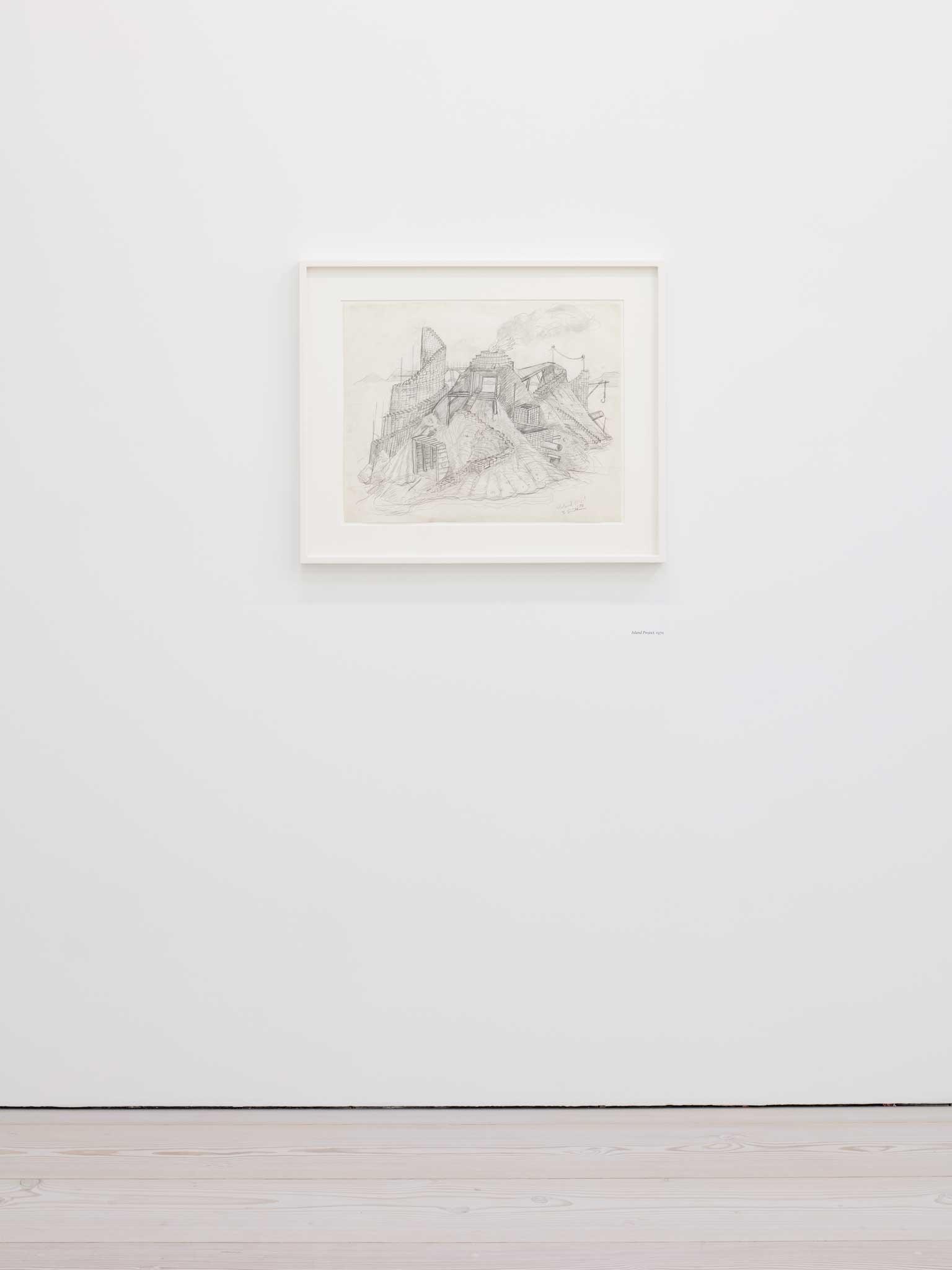 graphite drawing of an imagined island landscape in a white frame on a white wall