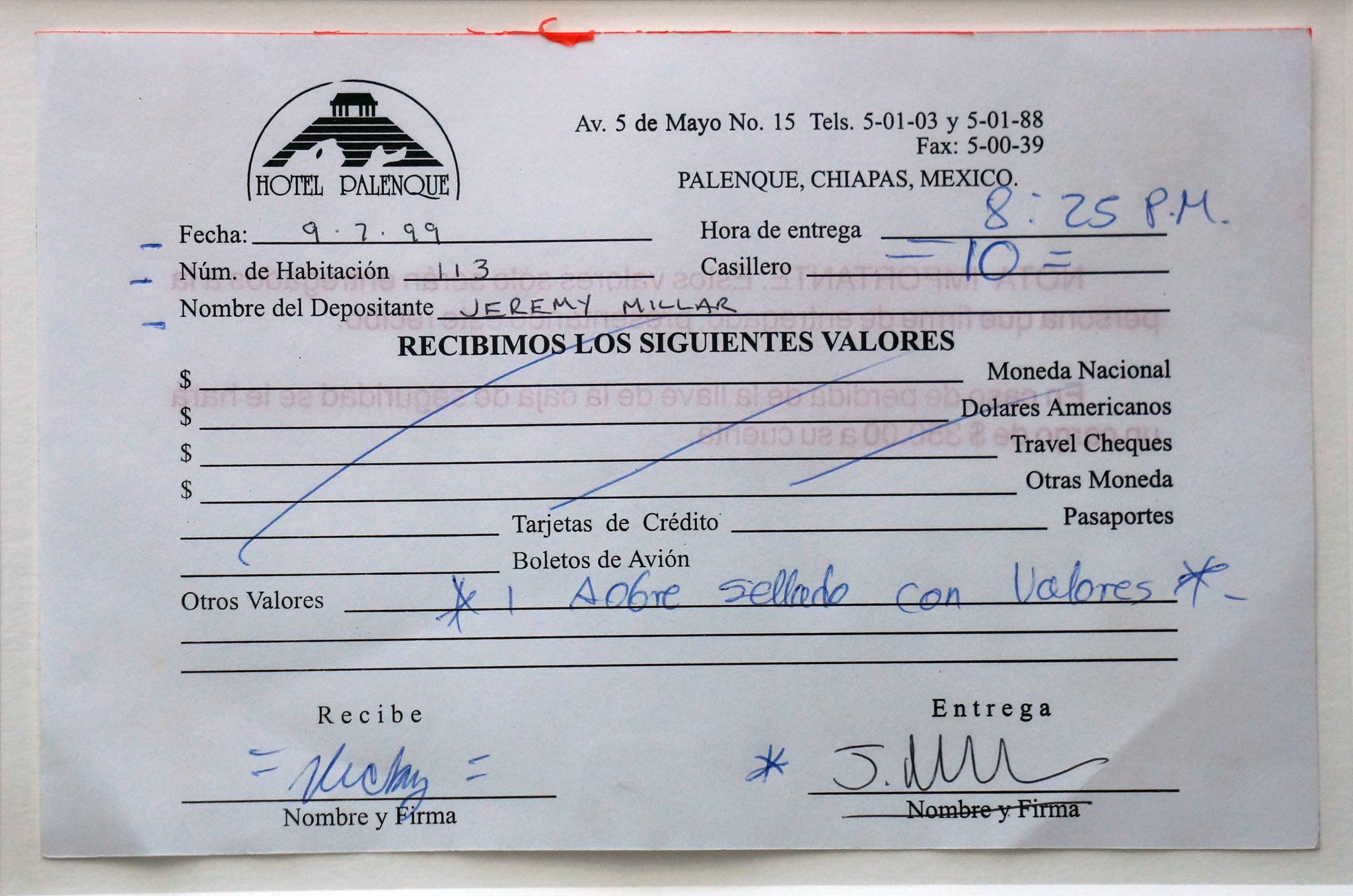 a bill from staying at a hotel in Palenque, Mexico.