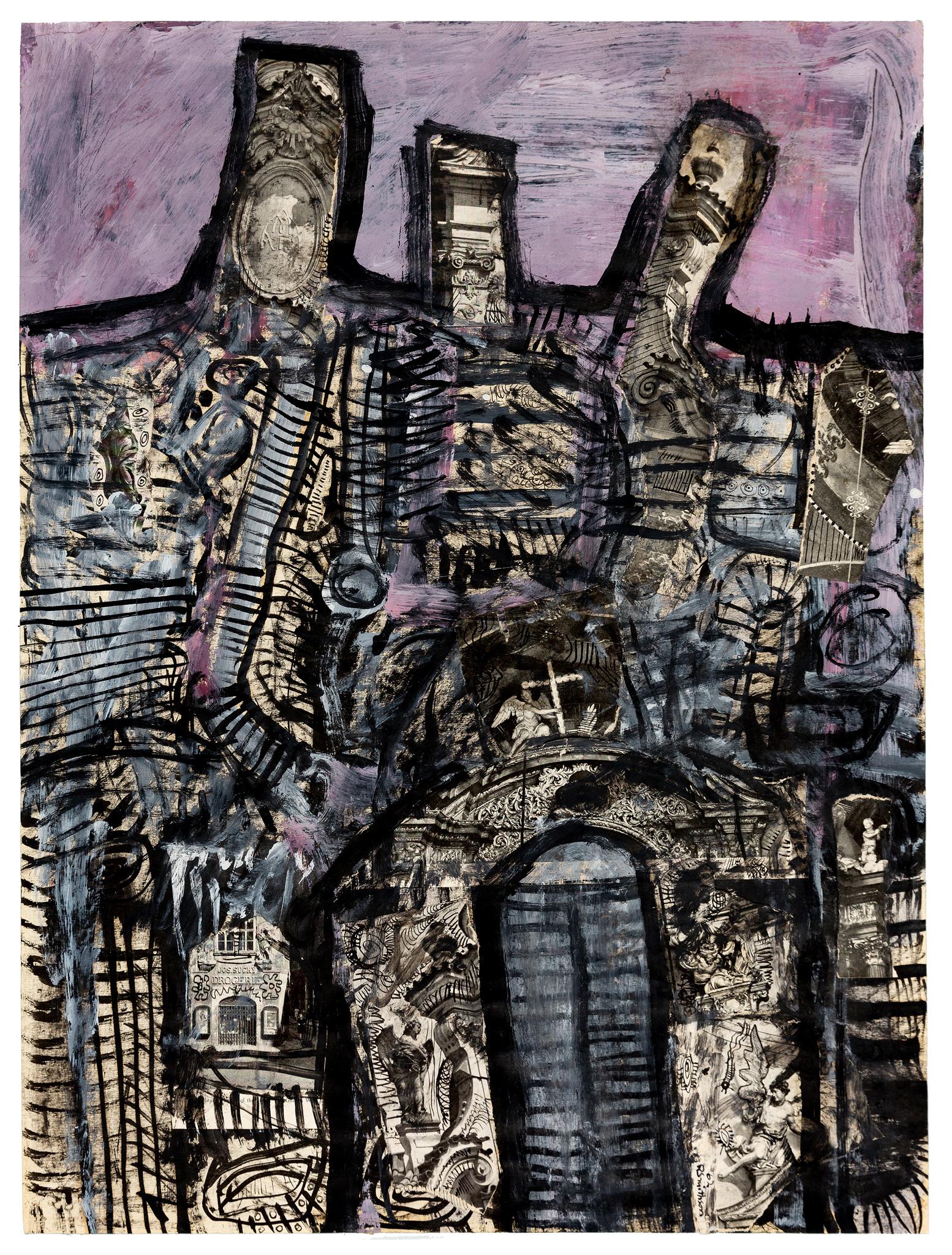 chaotic painting with heavy black lines outlining architectural forms with a faint purple sky
