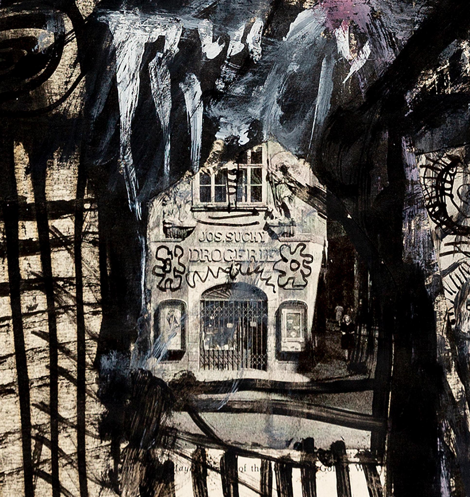 chaotic painting with heavy black lines outlining architectural forms and a black and white photo collaged into the painting