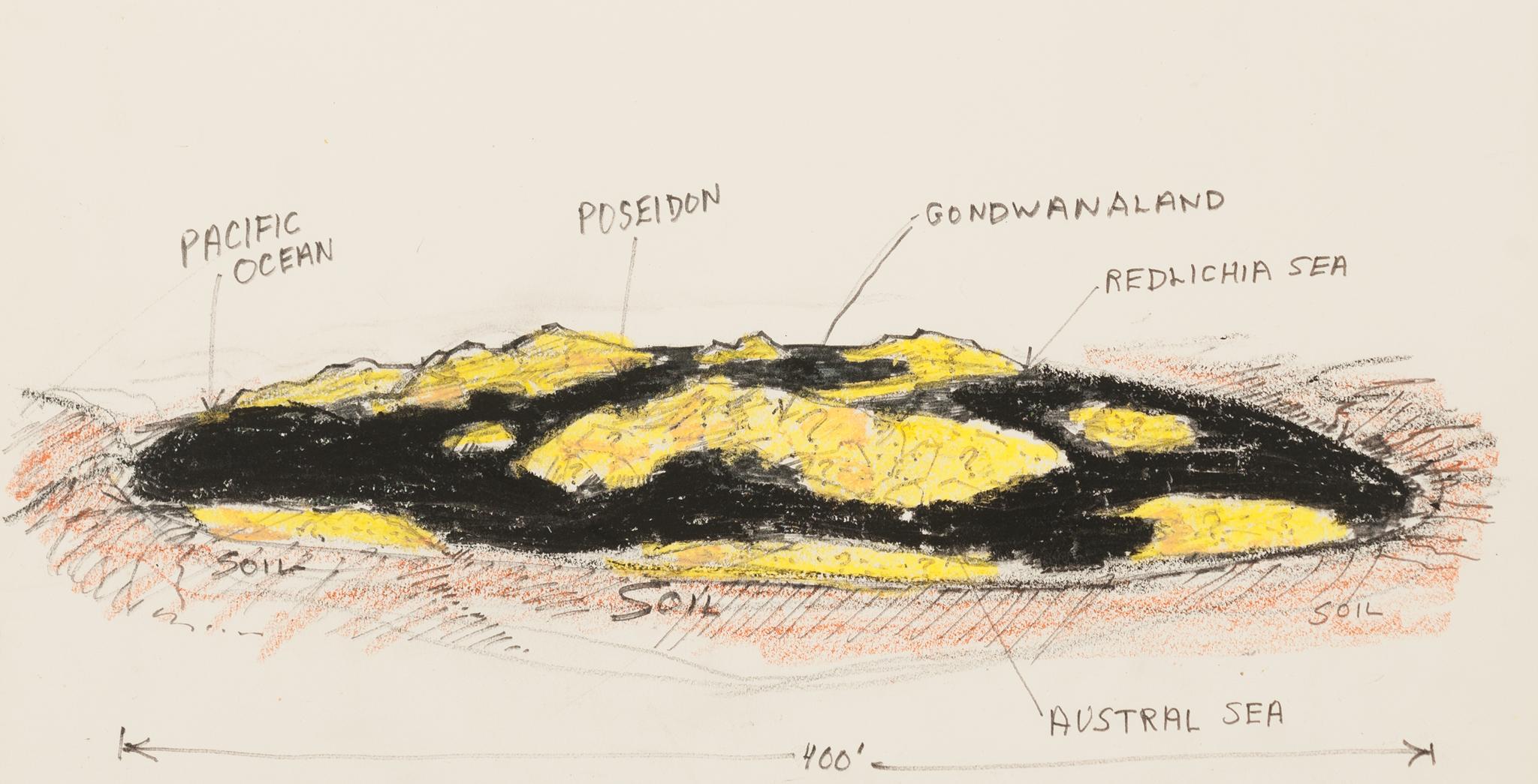 drawing on paper illustrating a side/aerial view of a black and yellow landmass with handwritten graphite notations