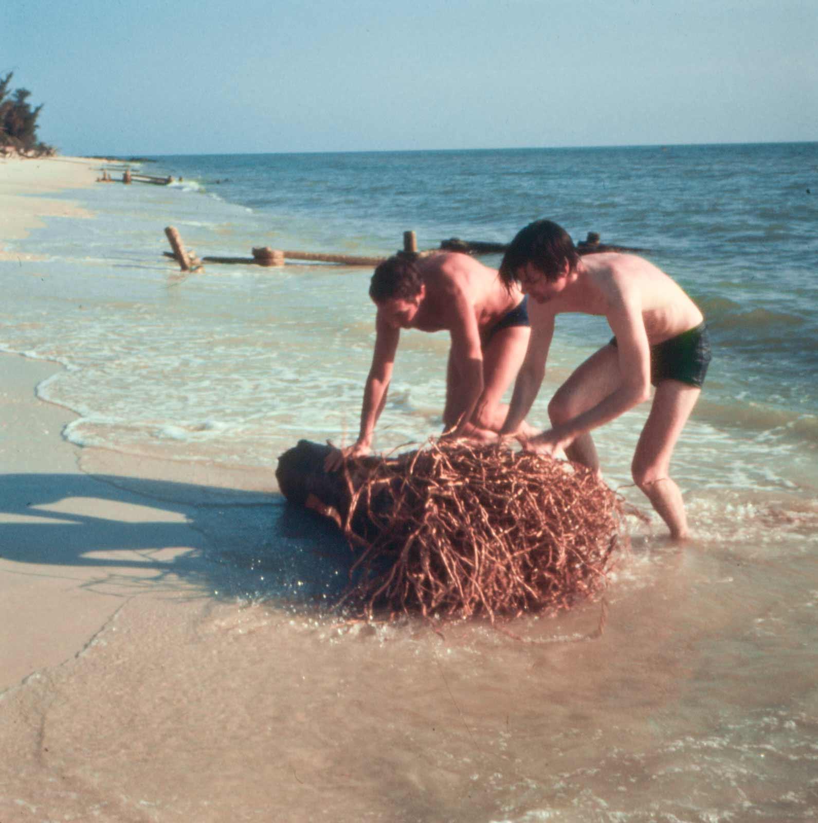 Two men in swimsuits leaned over pushing a tree stump on a sandy beach.